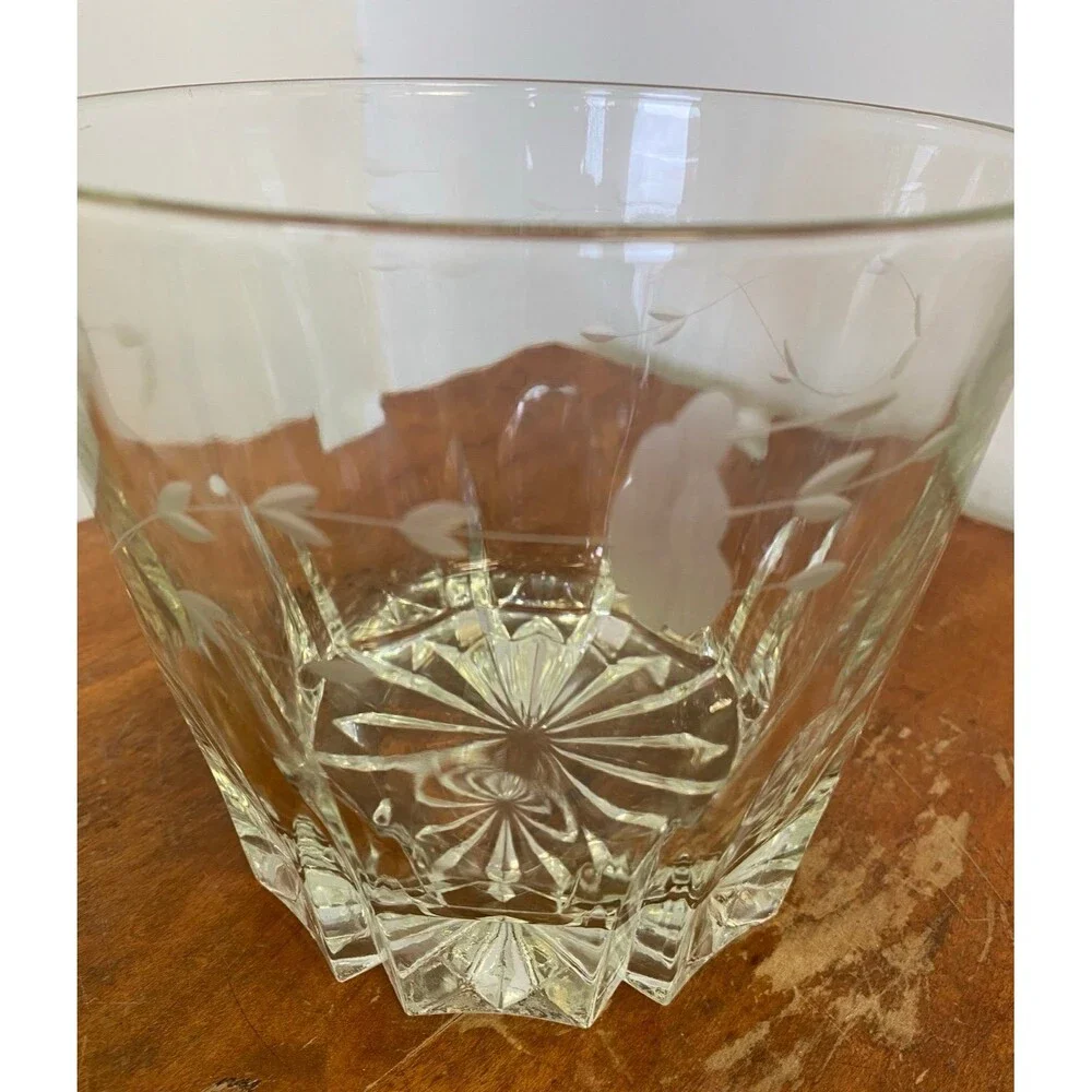 Vtg Princess House Heritage Etched Floral Thick Lead Crystal Glass Ice Bucket